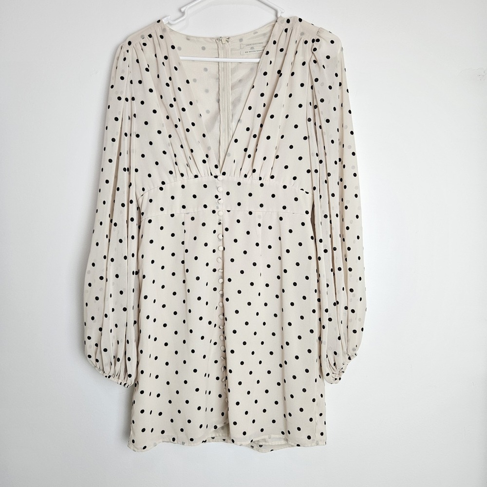 Polka Dot V-Neck Long Sleeve Mini Dress - Cream with Black Dots